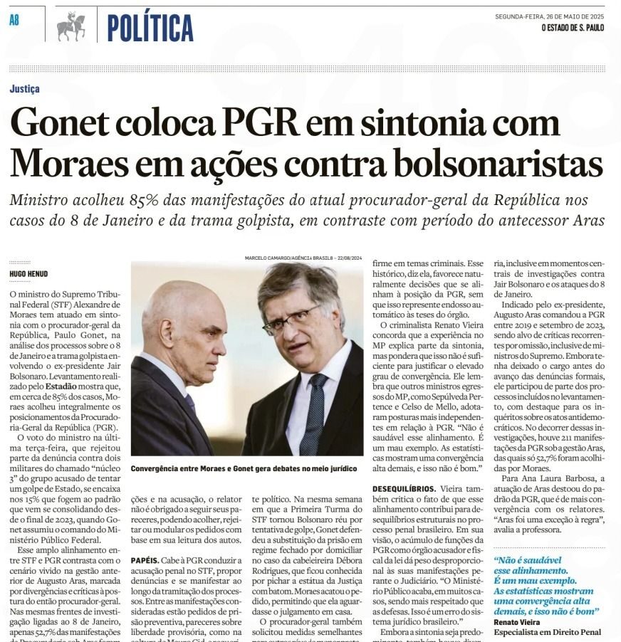 Foto O sócio Renato Stanziola Vieira foi entrevistado pelo jornal ESTADÃO, na edição de 26/05/25, sobre a atuação da Procuradoria Geral da República nos processos sobre o 8 de janeiro.  Para Renato, “o Ministério Público acaba, em muitos casos, sendo mais respeitado que as defesas. Isso é um erro do sistema jurídico brasileiro”.