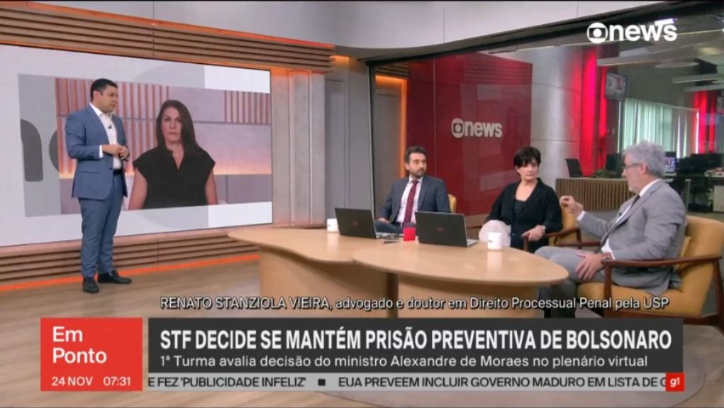 Foto O sócio Renato Stanziola Vieira foi entrevistado, ao vivo, no programa “Em Ponto” da GloboNews, na manhã desta segunda-feira.  Renato tratou dos aspectos que dizem respeito à prisão preventiva do ex-presidente Jair Bolsonaro e também comentou possíveis cenários futuros, principalmente sobre a revisão criminal a ser protocolada no Supremo Tribunal Federal.  Clique e confira a íntegra da entrevista.